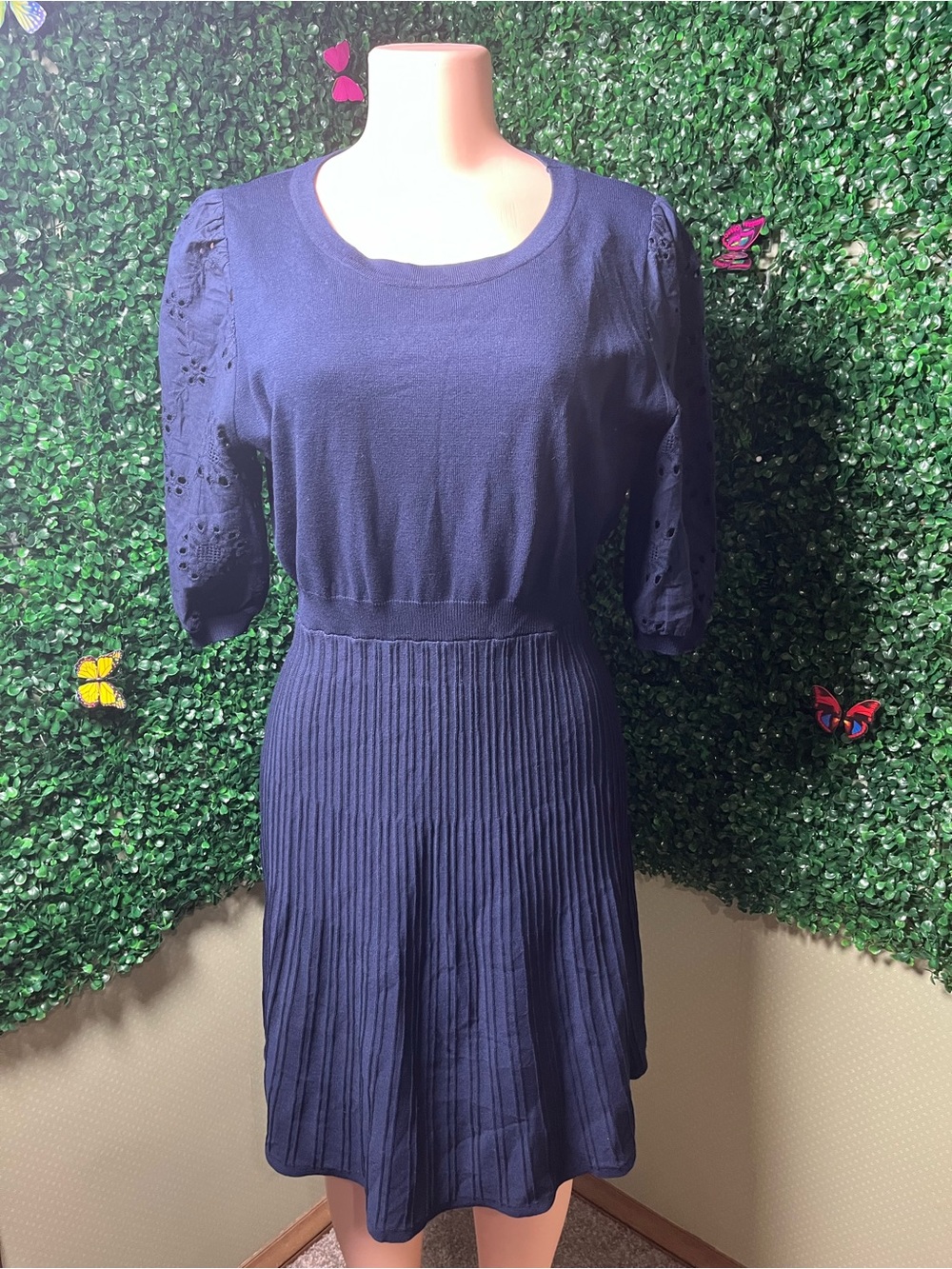 Nanette Lepore Navy Eyelet-Sleeve Pleated Midi Dress
